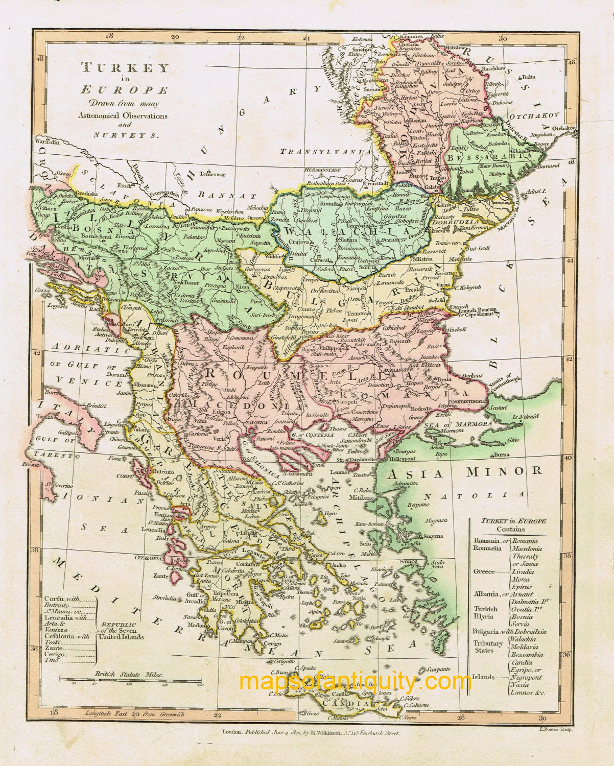 Antique-Hand-Colored-Map-Turkey-in-Europe.-Drawn-from-many-Astronomical-Observations-and-surveys.---Europe-Greece-1827-Wilkinson-Maps-Of-Antiquity