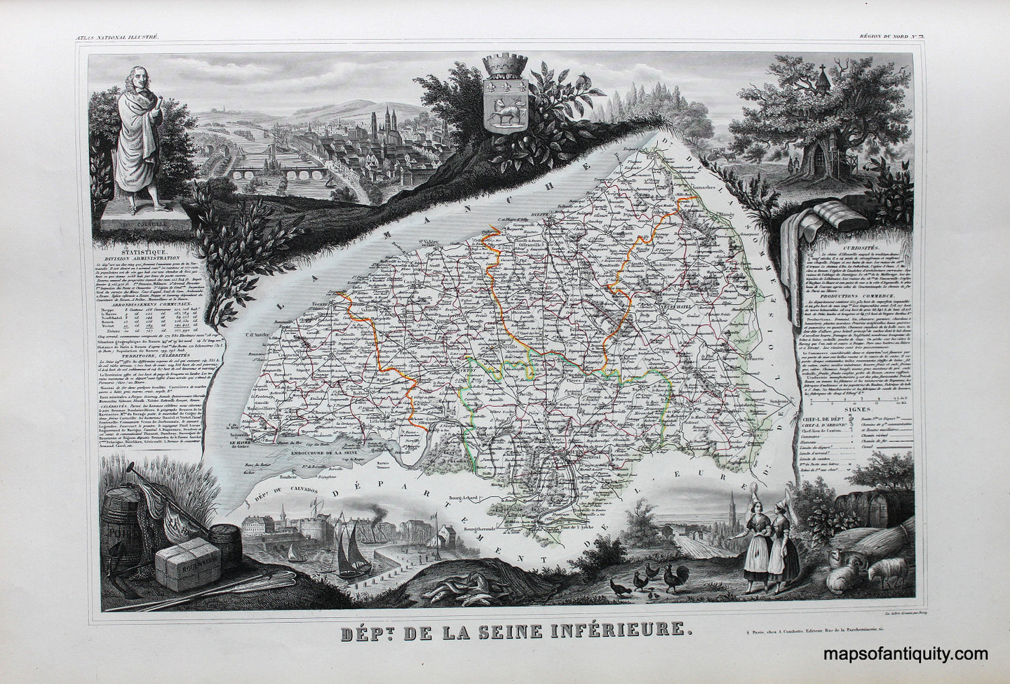 Antique-Hand-Colored-Map-Dept.-De-La-Seine-Inferieure-Europe-France-1852-Levasseur-Maps-Of-Antiquity