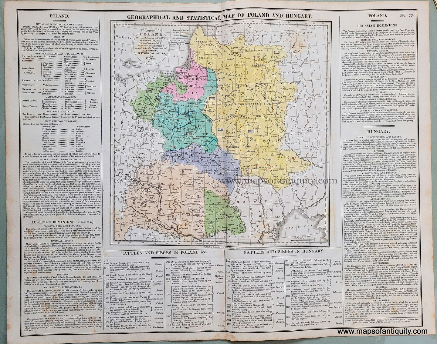Antique-Hand-Colored-Map-Geographical-and-Historical-Map-of-Poland-and-Hungary-No.-55.-****-Europe-Poland-1820-Lavoisne-Maps-Of-Antiquity