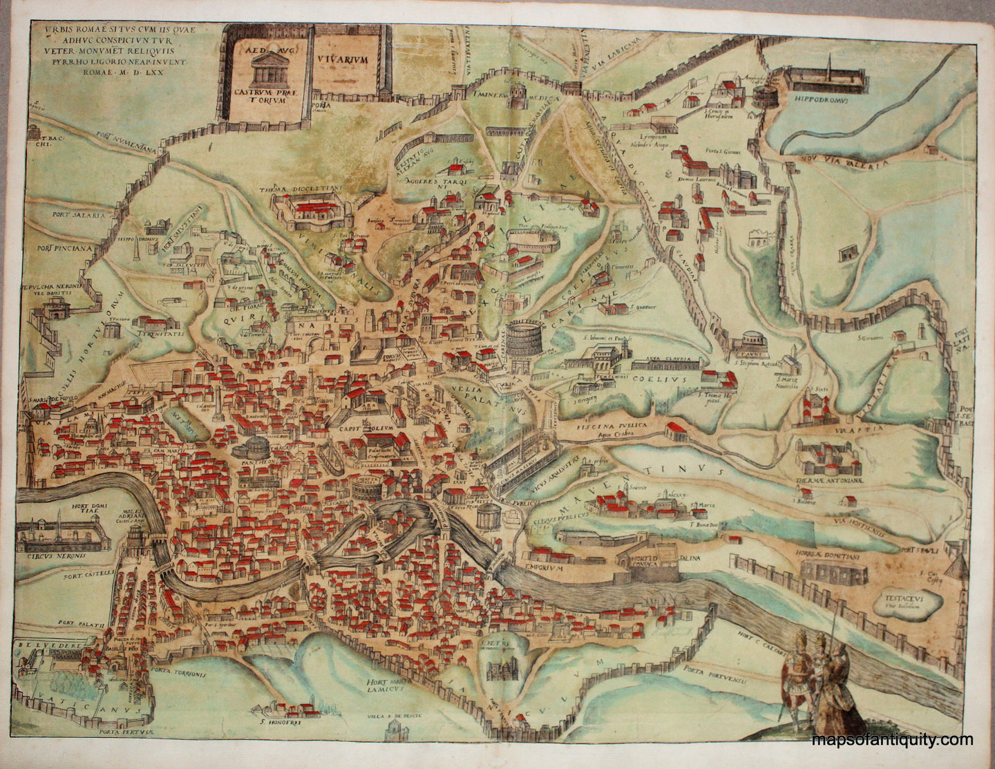 Antique-Hand-Colored-Map-Bird's-Eye-View-of-Rome-Italy-**********-Europe-Italy-1570-Braun-&-Hogenberg-Maps-Of-Antiquity