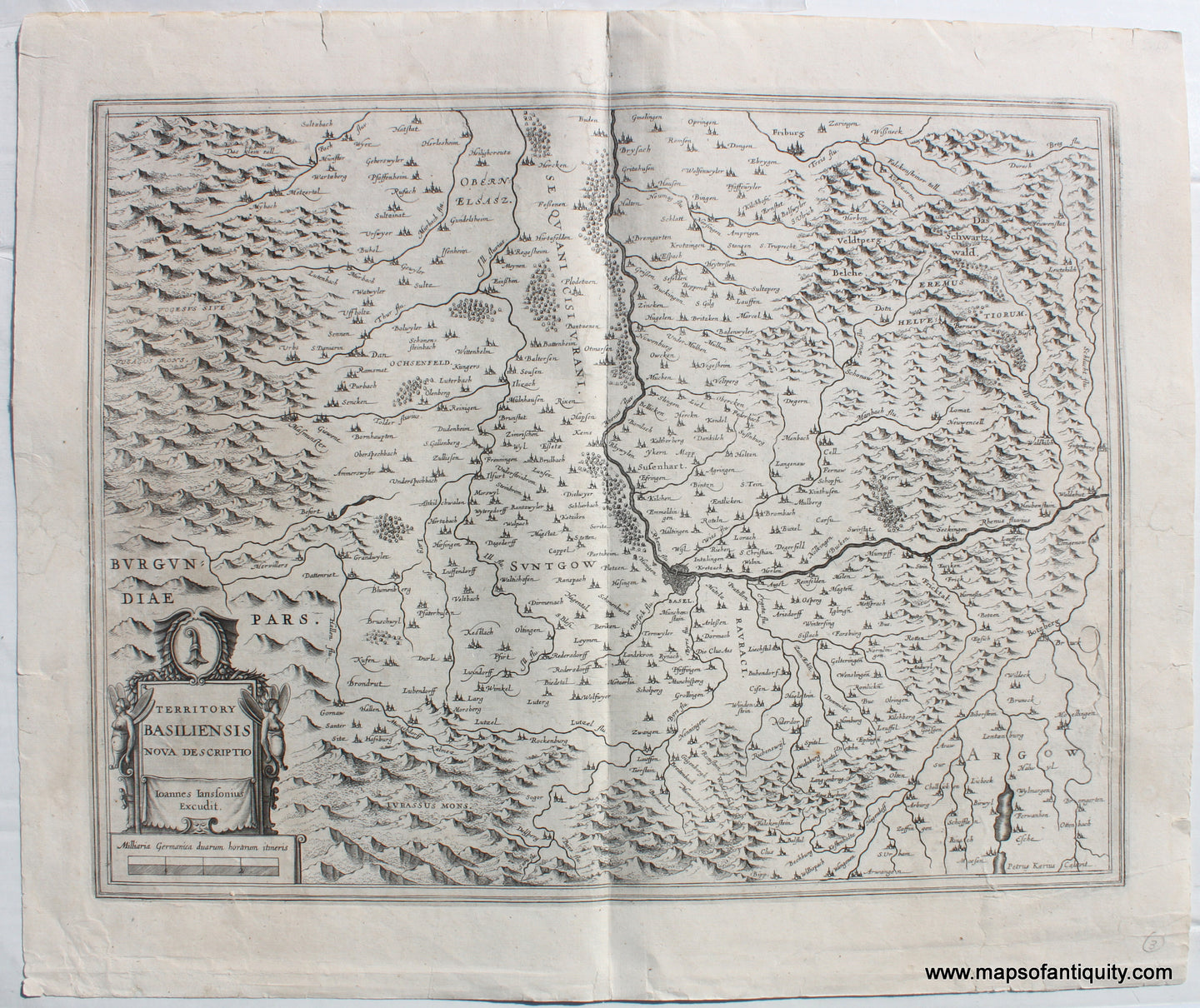 Black-and-White-Antique-Map-Territory-Basiliensis-Nova-Descrptio/Basel-Switzerland-Switzerland--c.-1650-Jansson-Maps-Of-Antiquity