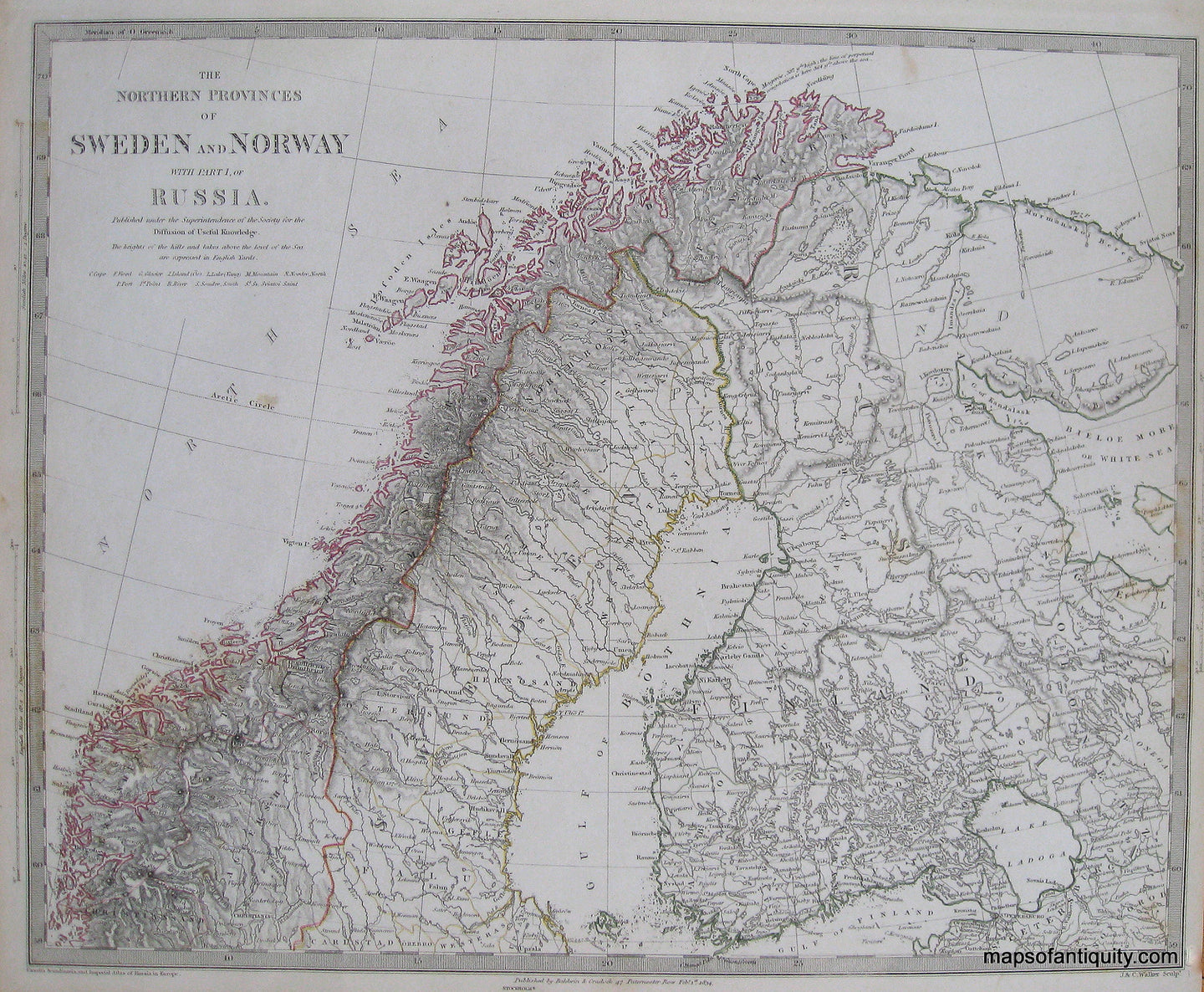 Antique-Hand-Colored-Map-Northern-Provinces-of-Sweden-and-Norway-with-part-of-Russia-Europe-Scandinavia-1834-SDUK/-Society-for-the-Diffusion-of-Useful-Knowledge-Maps-Of-Antiquity