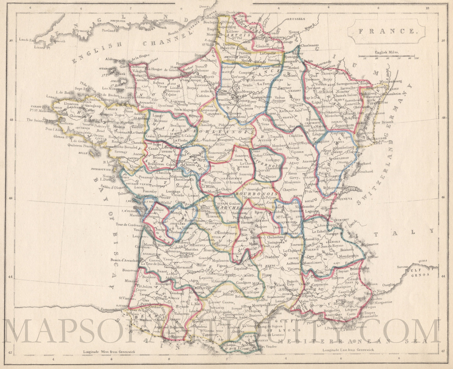 Antique-Hand-Colored-Map-France-Europe-France-c.-1850-F.-P.-Becker-and-George-Virtue-Maps-Of-Antiquity