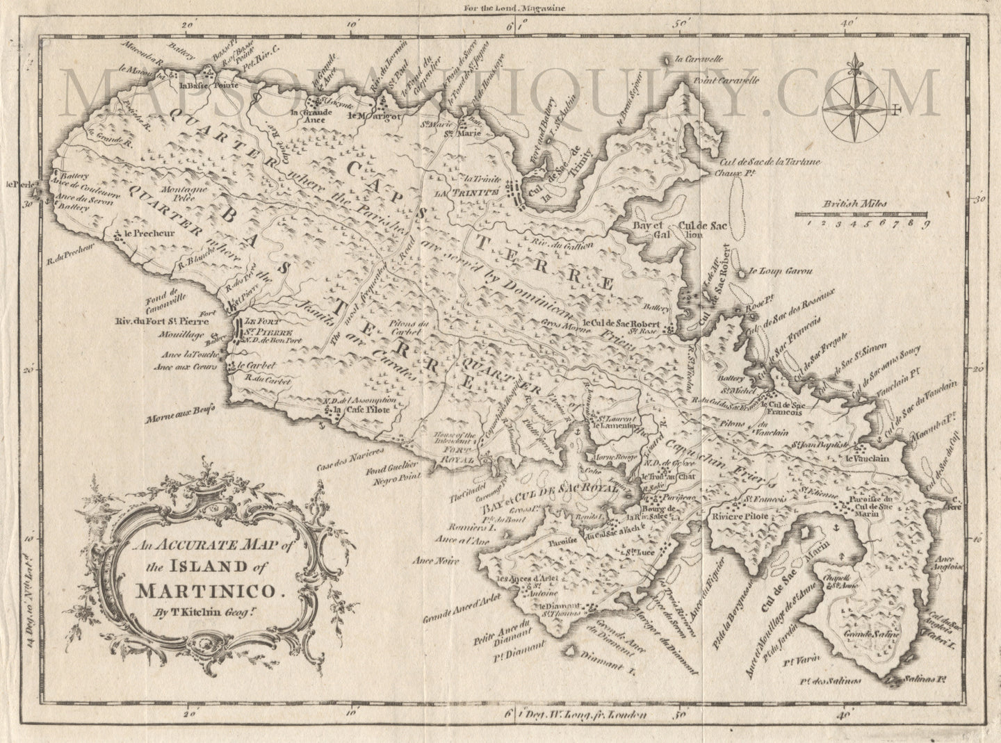Black-and-white-antique-map-An-Accurate-Map-of-the-Island-of-Martinico-******-Caribbean-Martinique-1758-Thomas-Kitchin-Maps-Of-Antiquity