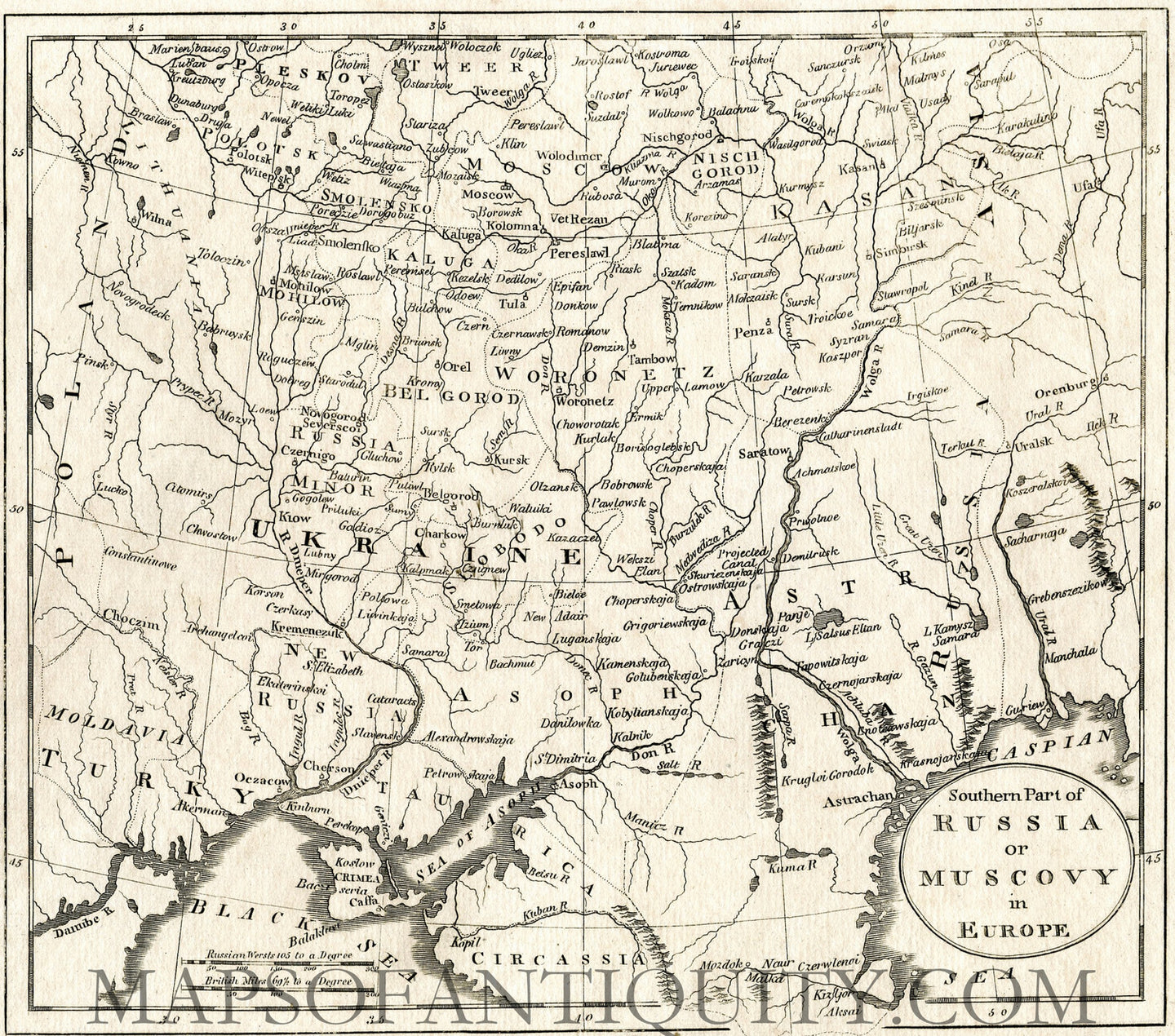 Black-and-white-antique-map-Southern-Part-of-Russia-or-Muscovy-in-Europe-Europe-Russia-1816-Carey-&-Warner-Maps-Of-Antiquity