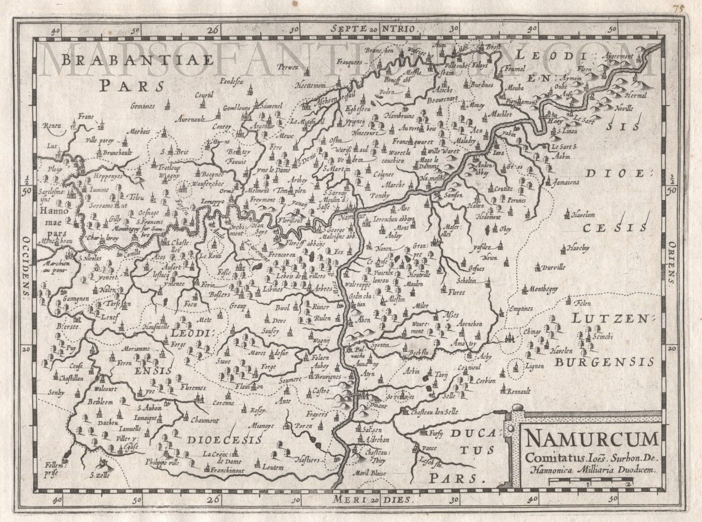 Black-and-white-antique-map-Namurcum-Comitatus-Europe-Netherlands-c.-1630-Mercator-Maps-Of-Antiquity