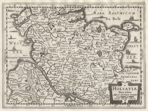 Black-and-white-antique-map-Holsatia-Ducatus-Europe-Germany-1628-Mercator-Maps-Of-Antiquity