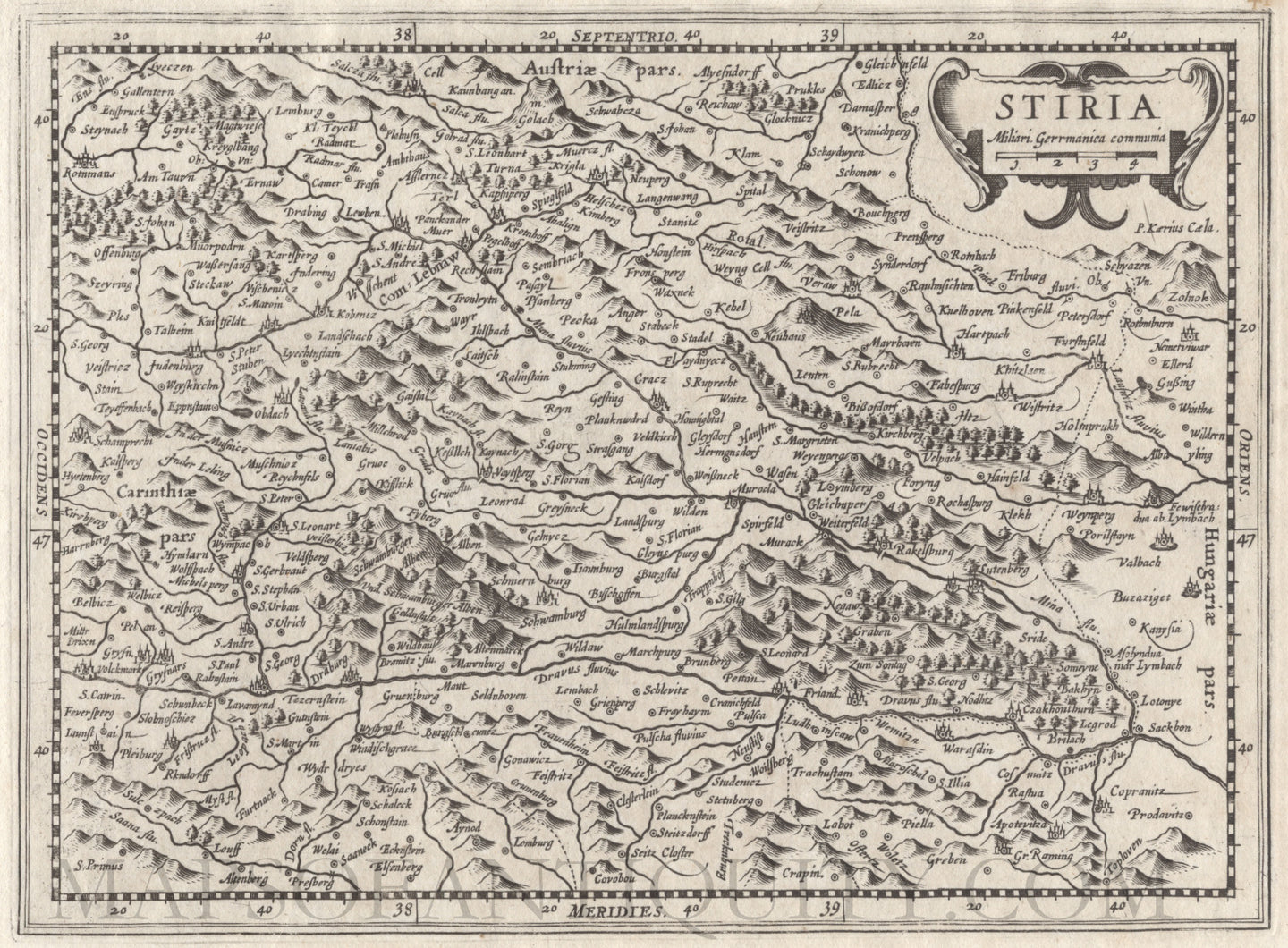 Black-and-white-antique-map-Stiria-Europe-Austria-1632-Mercator-Maps-Of-Antiquity