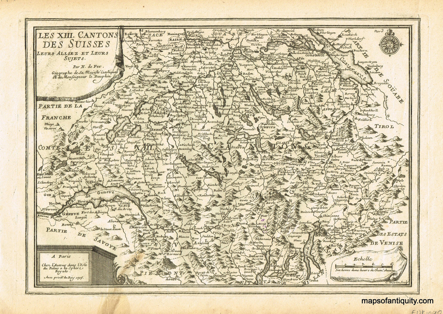 Antique-black-and-white-map-Les-XIII-Cantons-des-Suisses-Switzerland-Europe-Switzerland-1705-De-Fer-Maps-Of-Antiquity