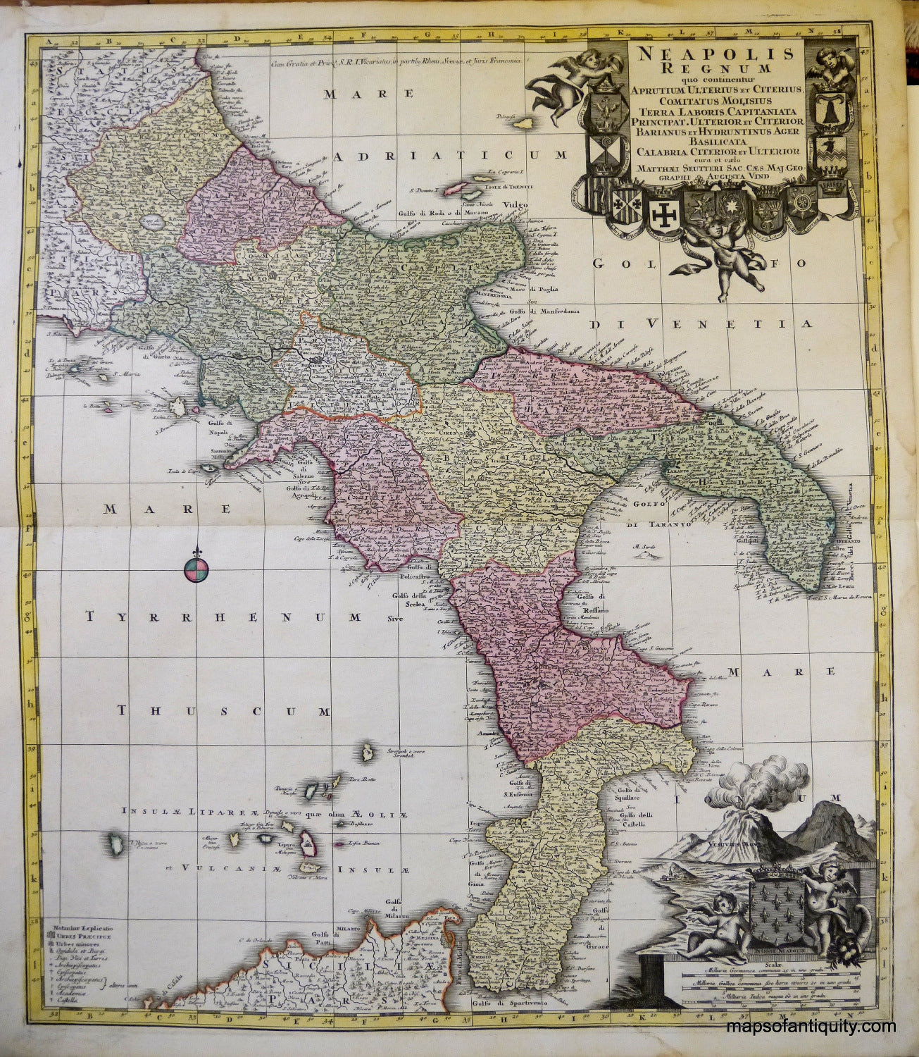Antique-Hand-Colored-Map--Neapolis-Regnum-(Kingdom-of-Naples)-**********-Europe-Italy-c.-1730-Seutter-Maps-Of-Antiquity