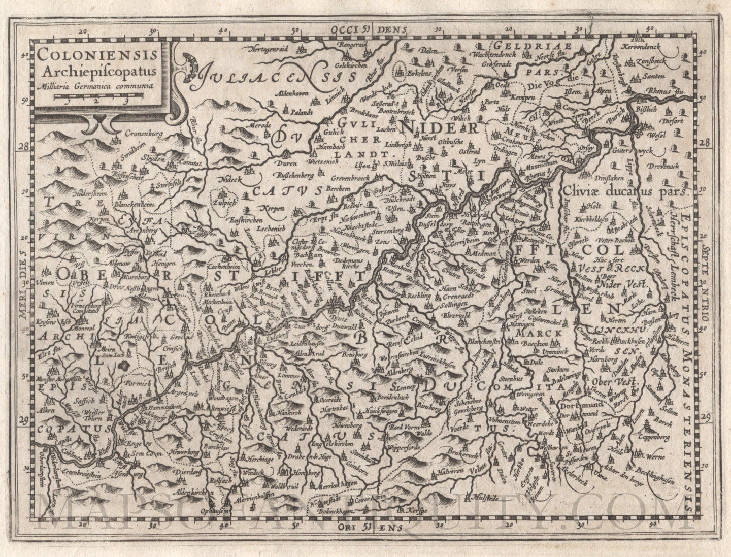 Black-and-White-Antique-Map-Coloniensis-Archiepiscopatus-(KÃƒÂ¶ln/-Cologne-Germany)-**********-Europe-Germany-1632-Mercator-Maps-Of-Antiquity