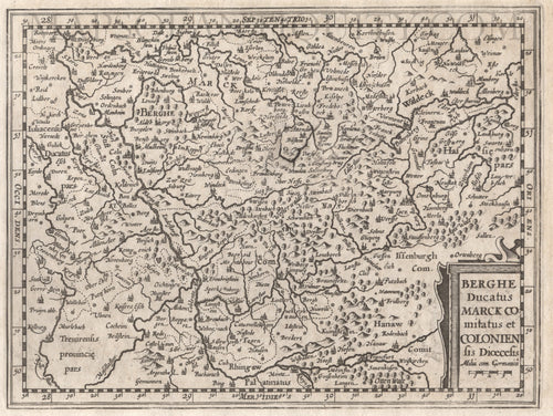 Black-and-White-Antique-Map-Berghe-Ducatus-Marck-Comitatus-et-Coloniensis-Dioecesis-(Nordrhein-Westfalen-Germany)-Europe-Germany-1632-Mercator-Maps-Of-Antiquity
