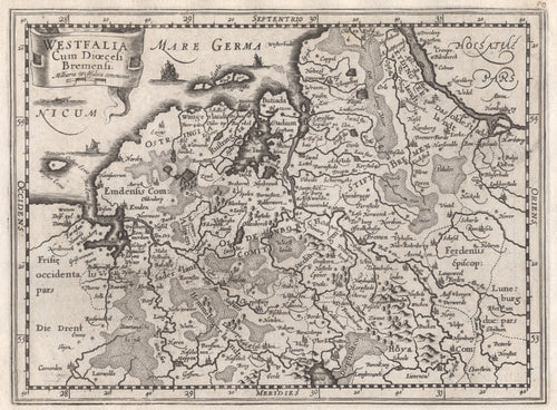 Black-and-White-Antique-Map-Westfalia-Cum-Dioecesi-Bremensi-Bremen---Westfalen-Germany-Europe-Germany-1632-Mercator-Maps-Of-Antiquity