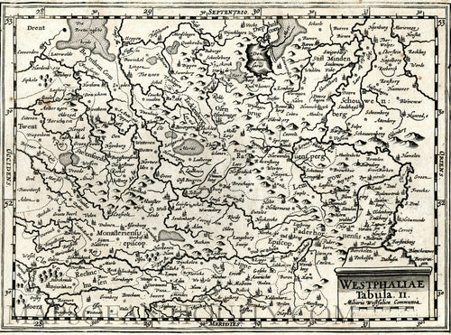 Black-and-White-Antique-Map-WestphaliÃƒÂ¦-tabula-II--Paderborn--Lippe-area-of-Westphalia-Germany-******-Europe-Germany-1632-Mercator-Maps-Of-Antiquity