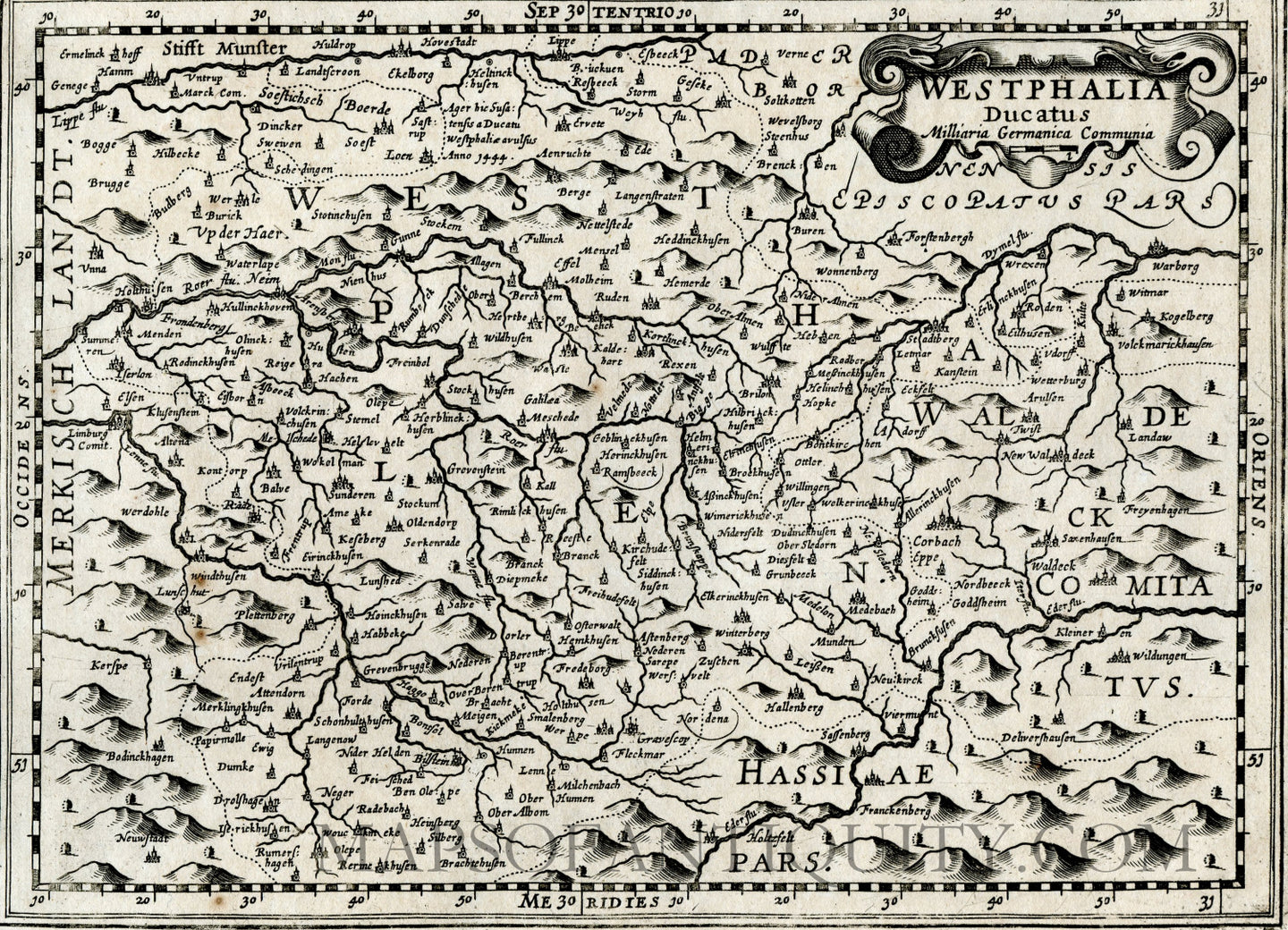 Black-and-white-antique-map-Westphalia-Ducatus-Duchy-of-Westphalia-Germany-Europe-Germany-1632-Mercator-Maps-Of-Antiquity