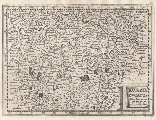 Black-and-white-antique-map-Bavaria-Ducatus-Germany-******-Europe-Germany-1632-Mercator-Maps-Of-Antiquity