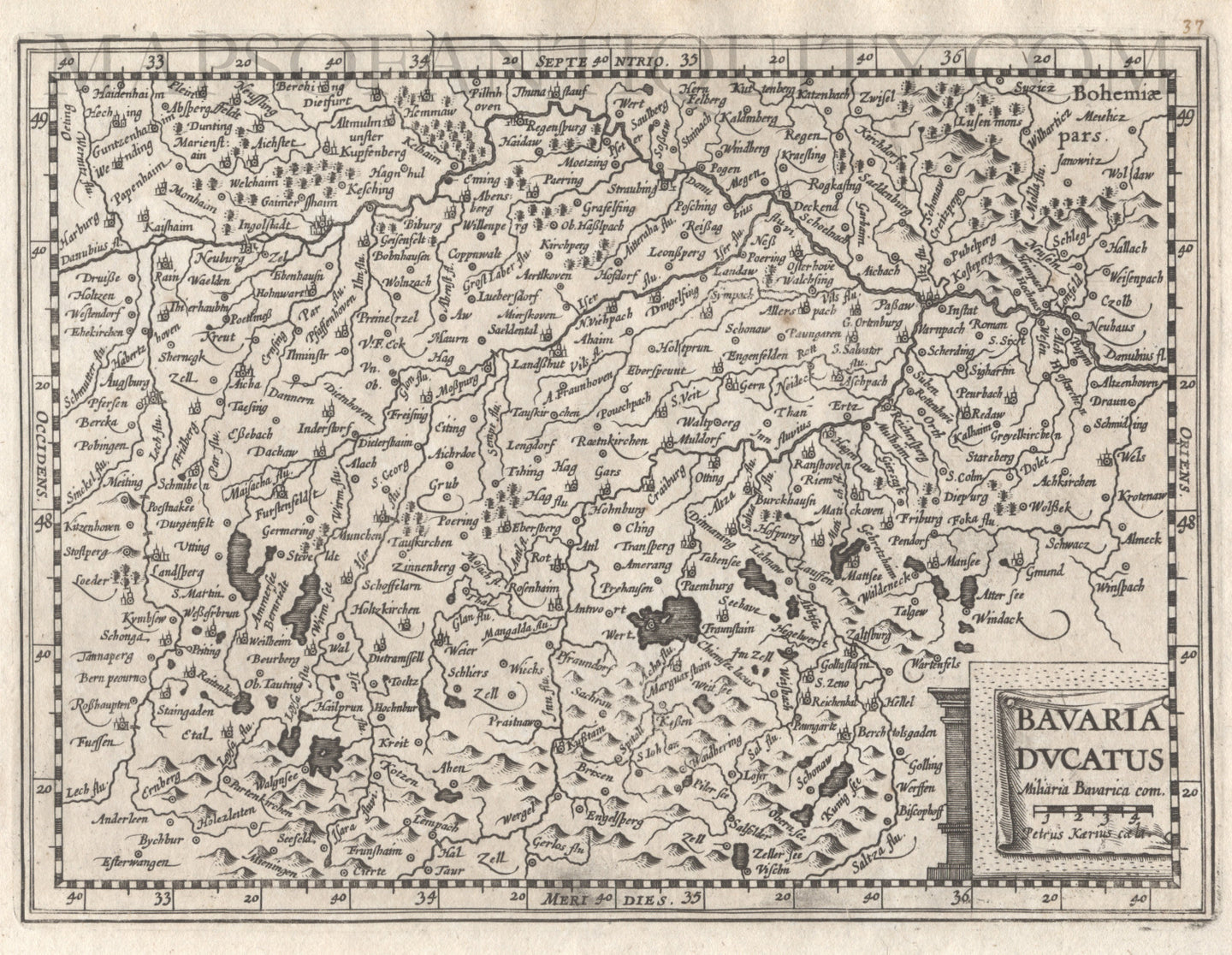 Black-and-white-antique-map-Bavaria-Ducatus-Germany-******-Europe-Germany-1632-Mercator-Maps-Of-Antiquity