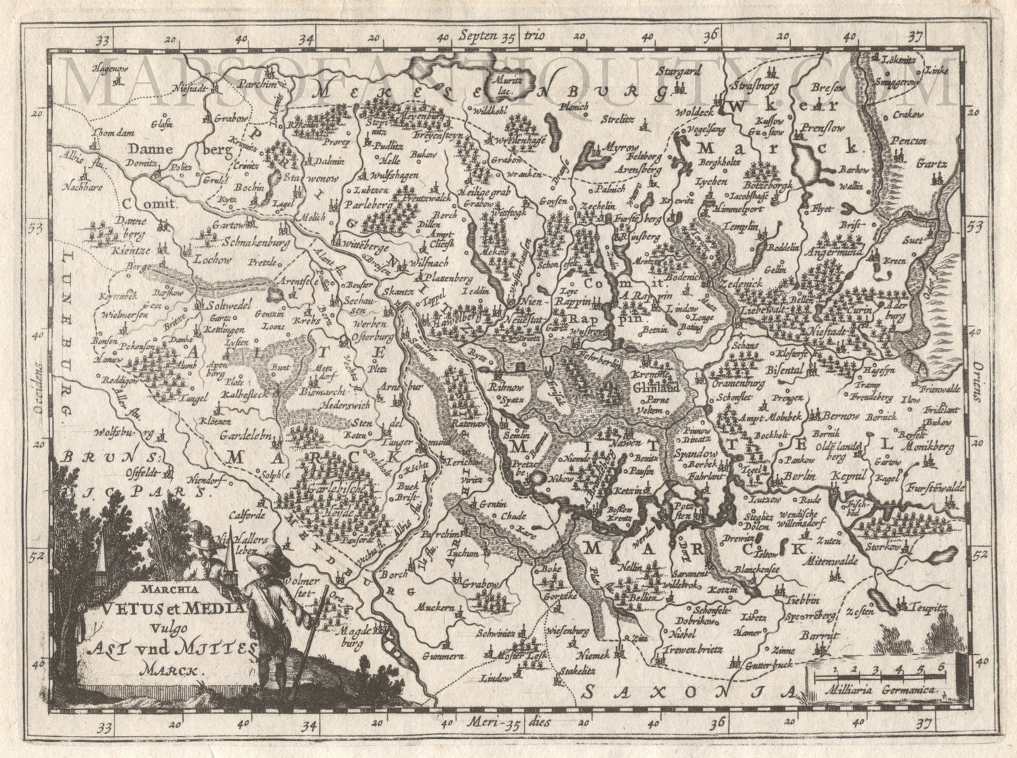 Black-and-white-antique-map-Marchia-Vetus-et-Media-Vulgo-Alt-und-Mittel-Marck-Germany-Europe-Germany-1676-Waesberge-Maps-Of-Antiquity