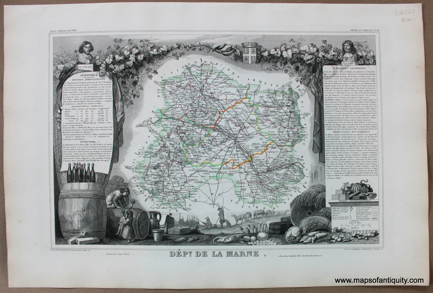 Antique-Map-Dept.-De-La-Marne-France-French-Levasseur-Department-Departments-Maps-of-Antiquity