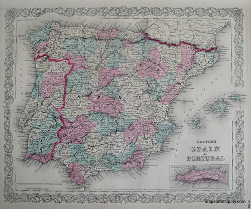 Antique-Hand-Colored-Map-Colton's-Spain-and-Portugal-******-Europe-Spain-and-Portugal-1871-Colton-Maps-Of-Antiquity