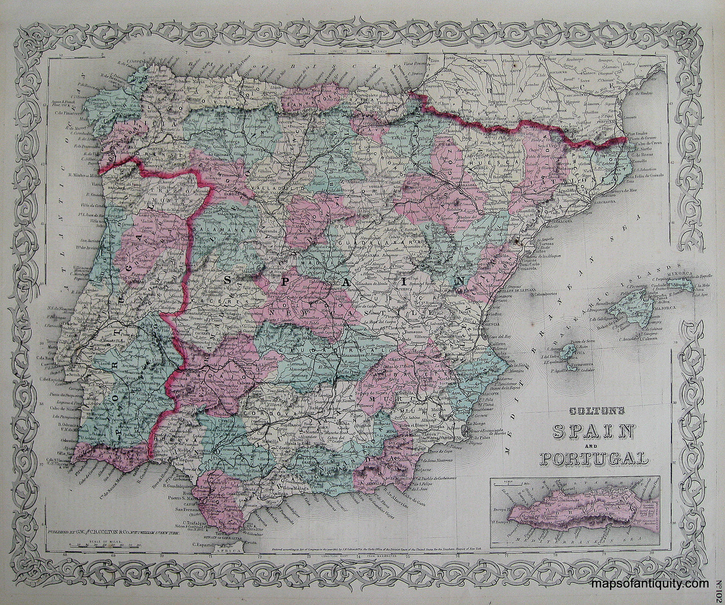 Antique-Hand-Colored-Map-Colton's-Spain-and-Portugal-******-Europe-Spain-and-Portugal-1871-Colton-Maps-Of-Antiquity