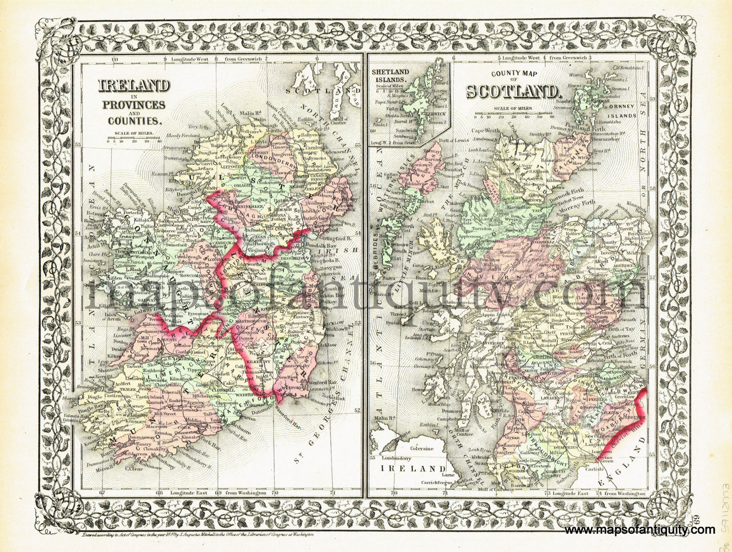 Antique-Hand-Colored-Map-Ireland-in-Provinces-and-Counties-and-County-Map-of-Scotland-with-inset-of-Shetland-Islands.--Europe-Ireland-and-Scotland-1874-Mitchell-Maps-Of-Antiquity