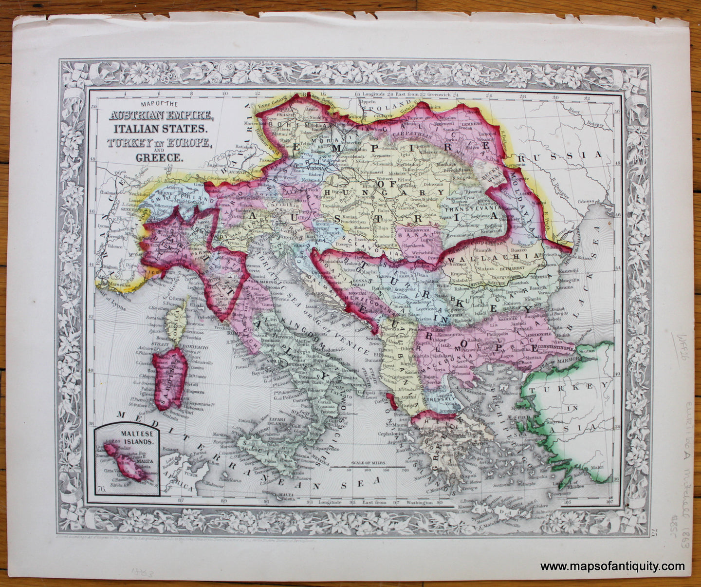 Antique-Hand-Colored-Map-Map-of-the-Austrian-Empire-Italian-States-Turkey-in-Europe-and-Greece-with-inset-of-the-Maltese-Islands.--Europe-Europe-General-1860-Mitchell-Maps-Of-Antiquity