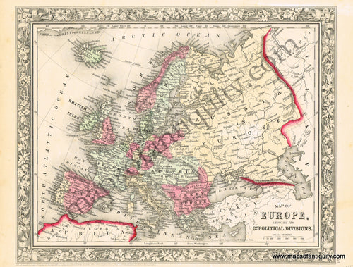 Antique-Hand-Colored-Map-Map-of-Europe-Showing-its-Gt.-Political-Divisions-Europe-Europe-General-1862-Mitchell-Maps-Of-Antiquity