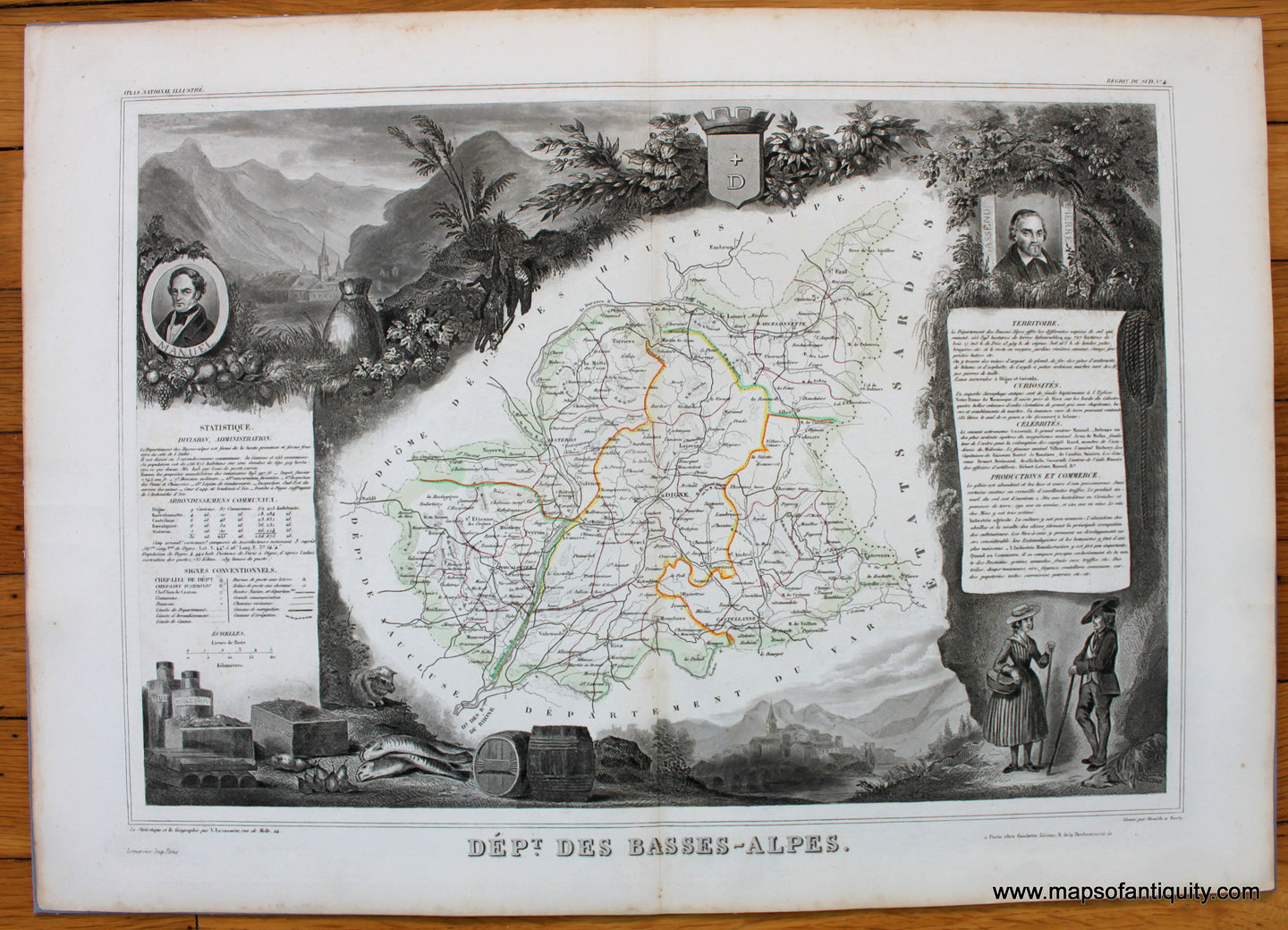 Antique-Hand-Colored-Map-Dept.-des-Basses-Alpes-Europe-France-1851-Levasseur-Maps-Of-Antiquity