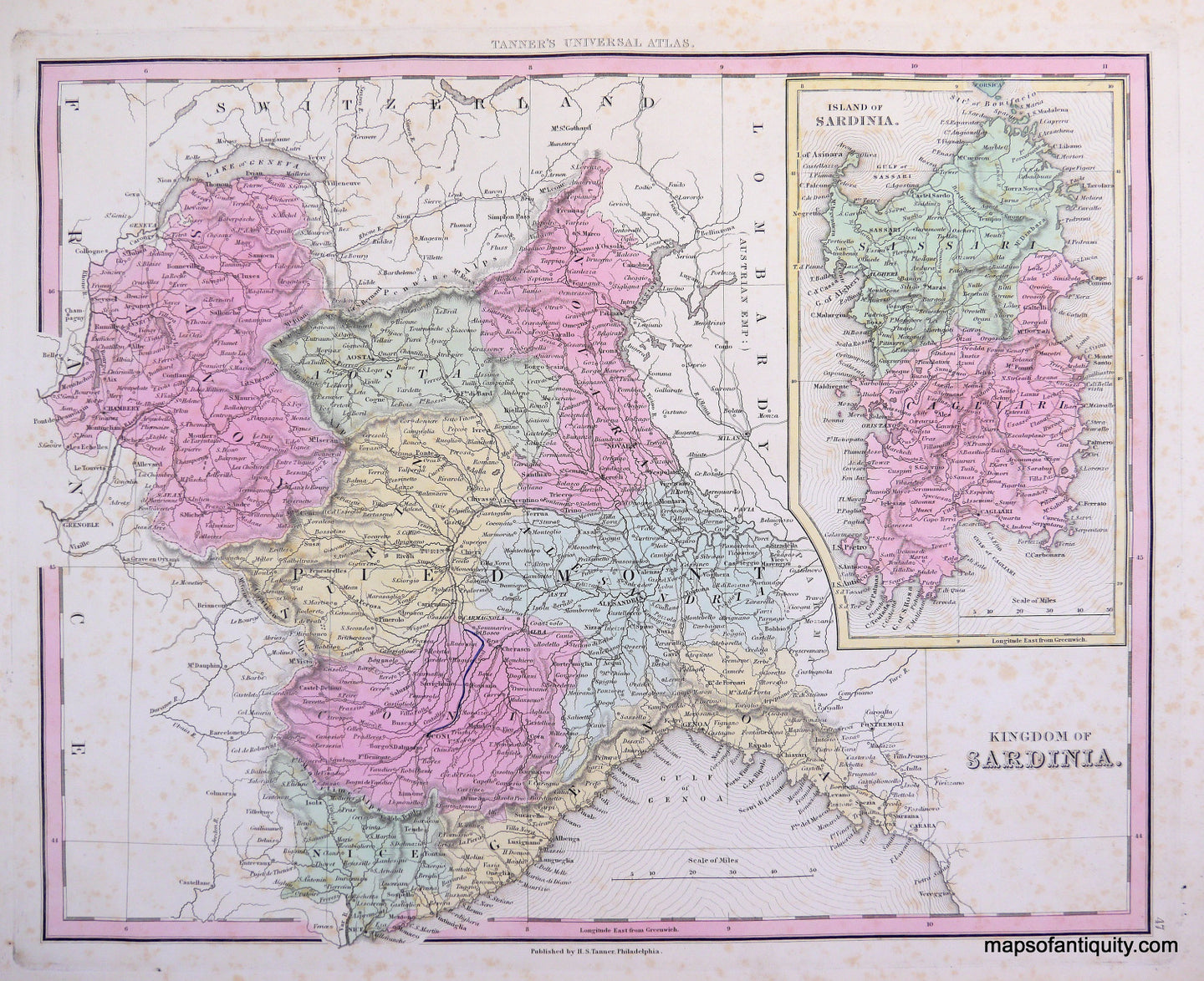 Antique-Hand-Colored-Engraved-Map-Kingdom-of-Sardinia.-Europe-Italy-c.-1840-Tanner-Maps-Of-Antiquity