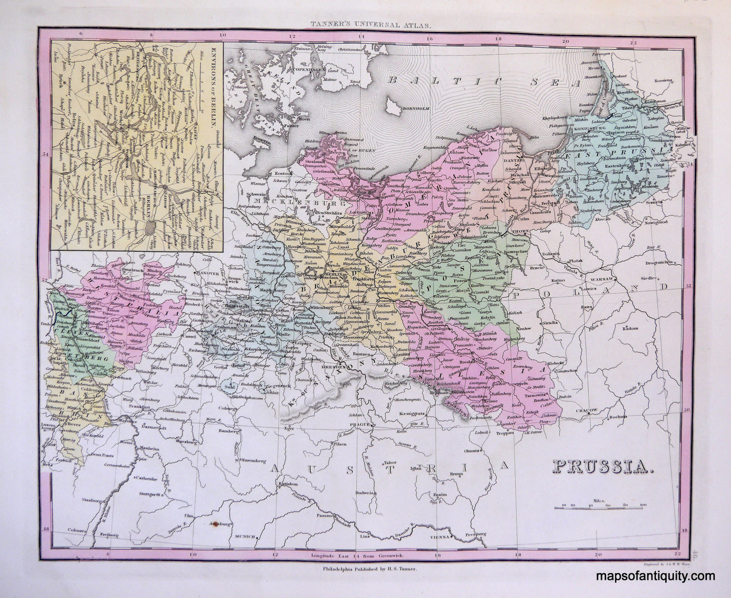 Antique-Hand-Colored-Engraved-Map-Prussia.-Europe-Prussia-c.-1840-Tanner-Maps-Of-Antiquity