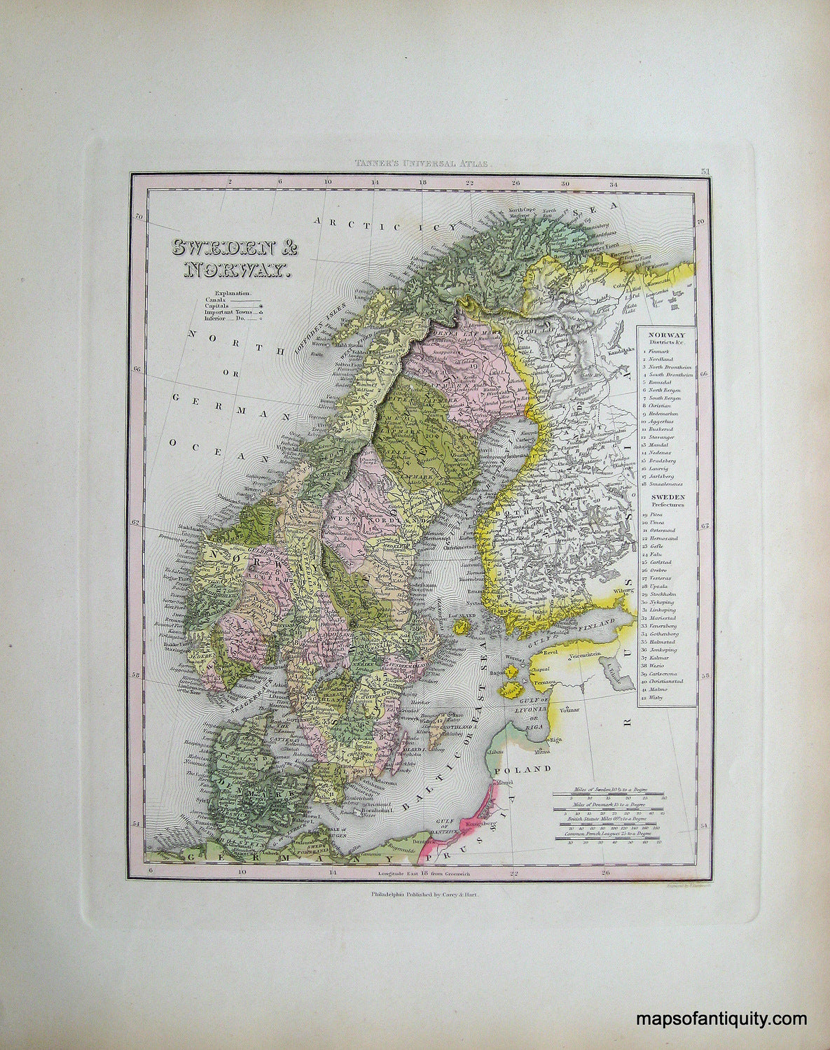 Antique-Hand-Colored-Engraved-Map-Sweden-&-Norway.-Europe-Scandinavia-c.-1840-Tanner-Maps-Of-Antiquity