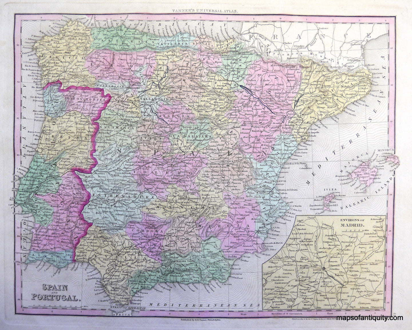 Antique-Map-Tanner-Spain-and-Portugal-1840s-1800s-Early-Mid-19th-Century-Maps-of-Antiquity