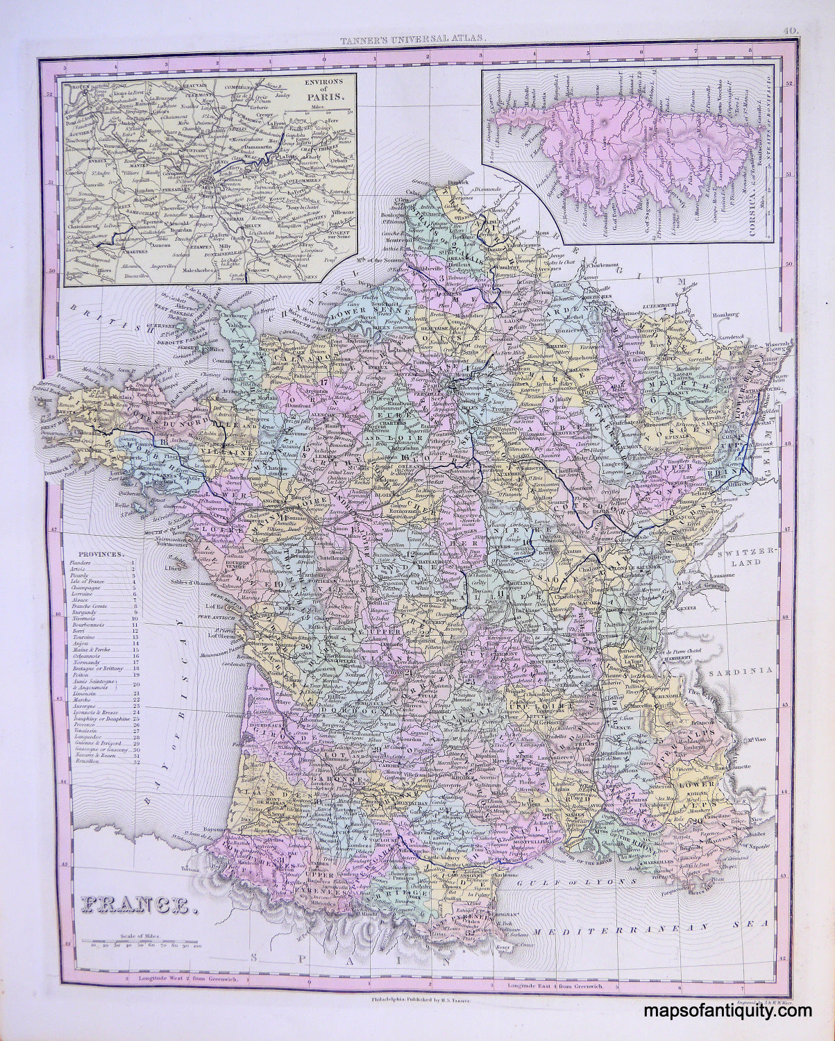 Antique-Hand-Colored-Engraved-Map-France.-Europe-France-c.-1840-Tanner-Maps-Of-Antiquity