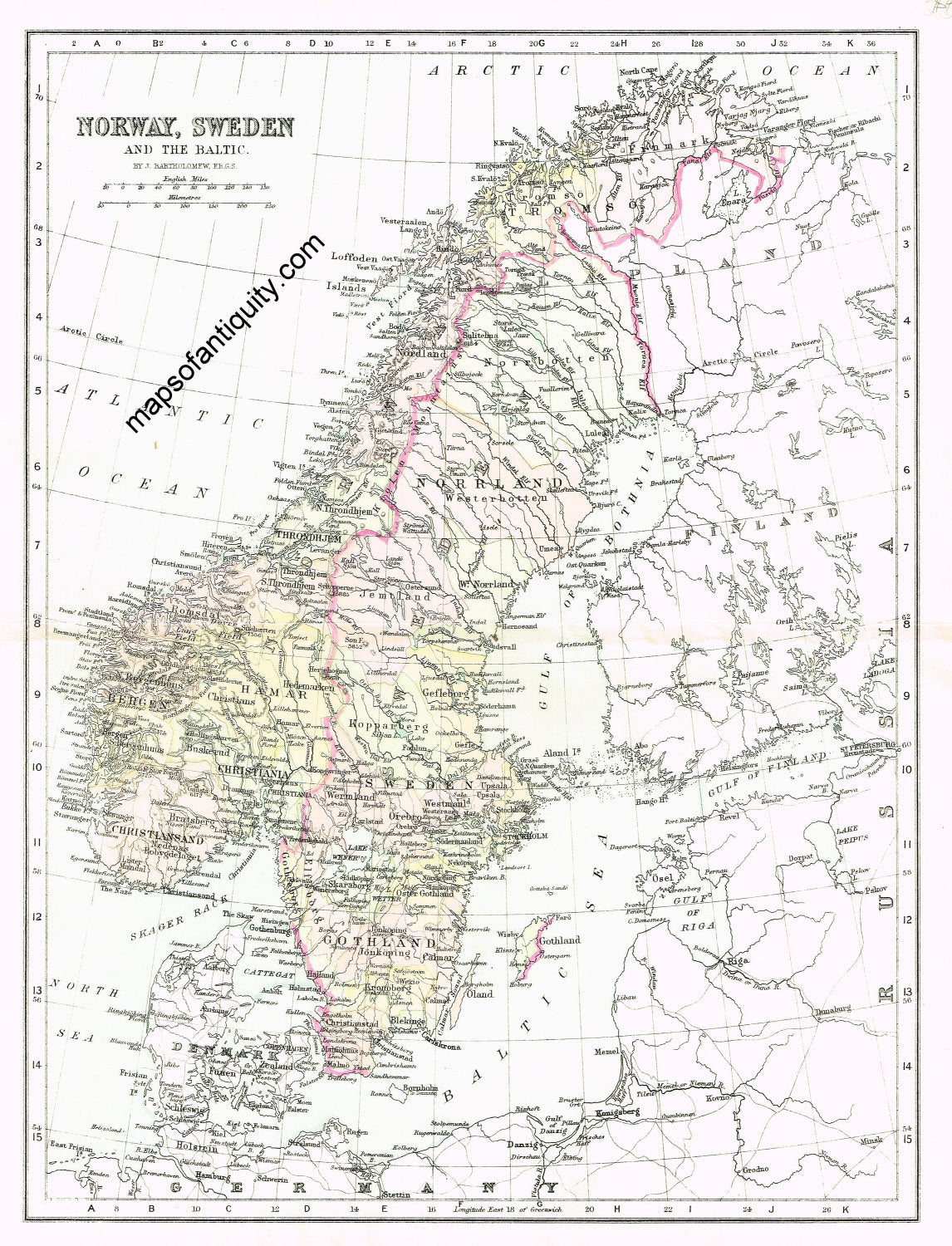 Antique-Black-&-White-Map-Norway-Sweden-and-the-Baltic-Europe--c.-1870-Bartholomew-Maps-Of-Antiquity