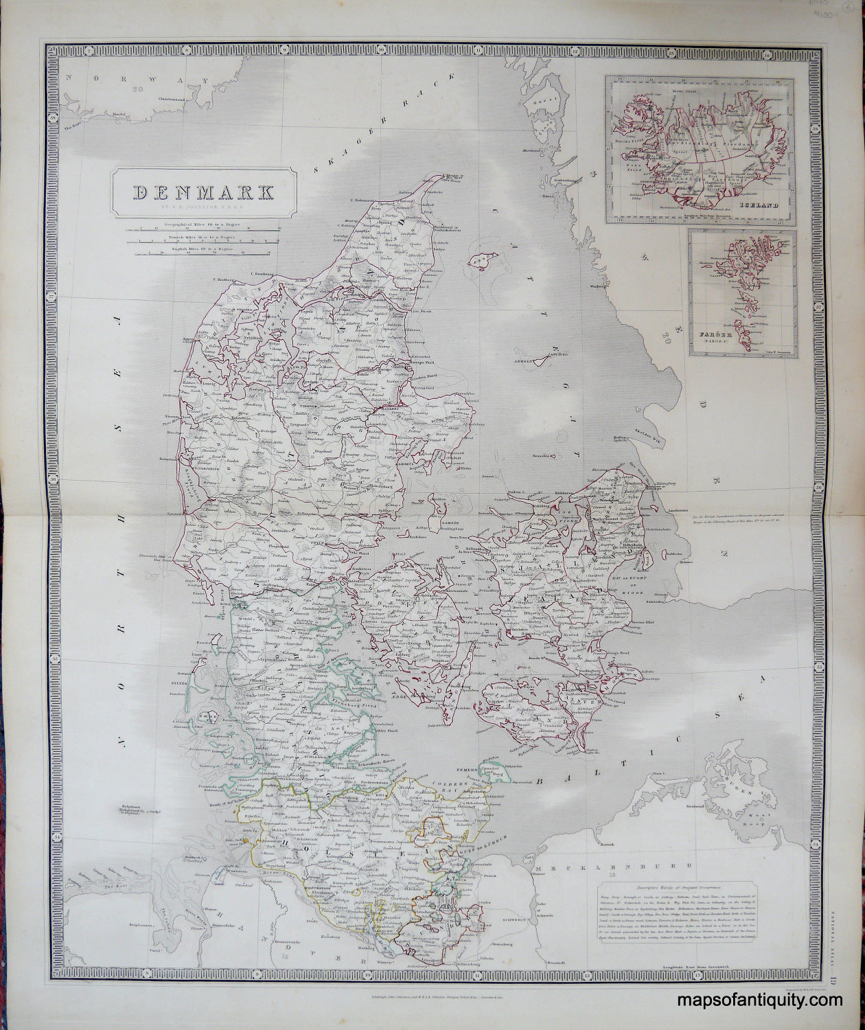 Antique-Hand-Colored-Map-Denmark.-Europe-Scandinavia-1845-Johnston-Maps-Of-Antiquity