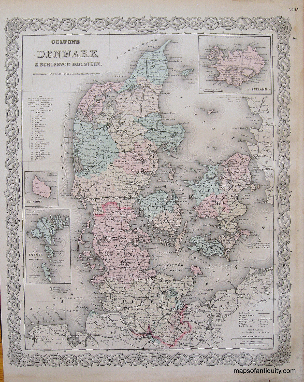 Antique-Hand-Colored-Map-Colton's-Denmark-&-Schleswig-Holstein.-Scandinavia-Denmark-1887-Colton-Maps-Of-Antiquity