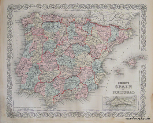Antique-Hand-Colored-Map-Colton's-Spain-and-Portugal-Europe-Spain-and-Portugal-1887-Colton-Maps-Of-Antiquity