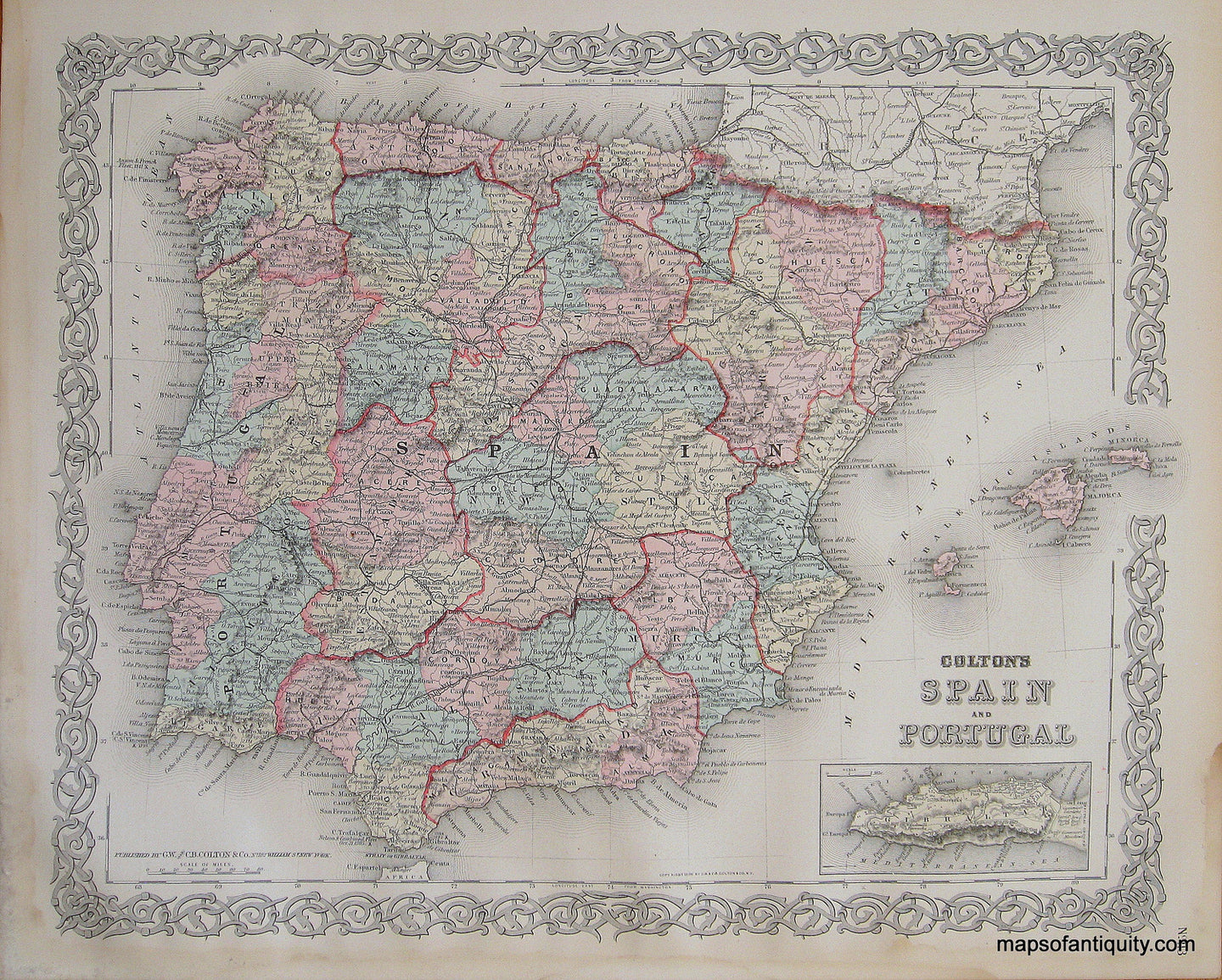 Antique-Hand-Colored-Map-Colton's-Spain-and-Portugal-Europe-Spain-and-Portugal-1887-Colton-Maps-Of-Antiquity