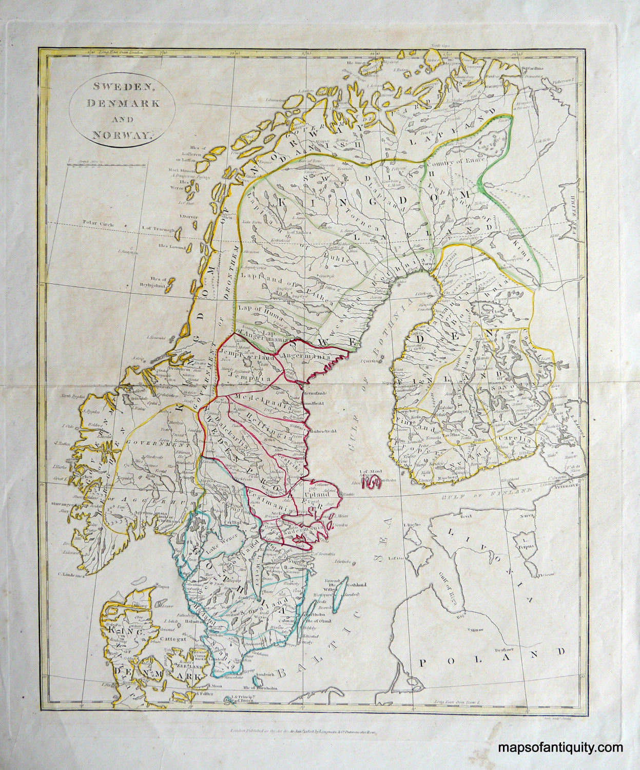 Antique-Hand-Colored-Map-Sweden-Denmark-and-Norway-Europe-Scandinavia-1808-Longman-Maps-Of-Antiquity