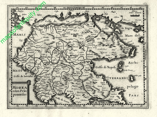Black-&-White-Engraved-Antique-Map-Morea-olim-Peloponnesius-Europe-Greece-1632-Mercator-Maps-Of-Antiquity