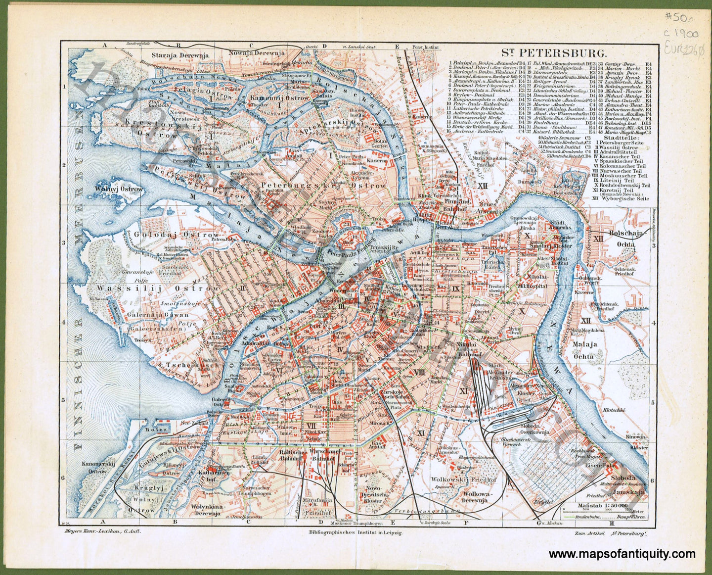 Antique-City-Map-St-Petersburg-Russia-Russian-Cities-Meyers-1900s-Early-20th-Century-Maps-of-Antiquity