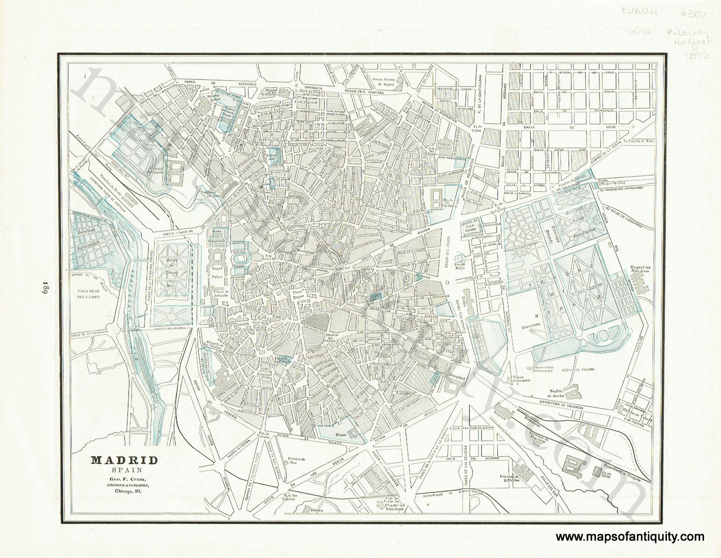 Antique-City-Map-Cities-Madrid-Spain-and-Belfast-with-Lakes-of-Killarney-Ireland-Cram-1892-1890s-1800s-Late-19th-Century-Maps-of-Antiquity