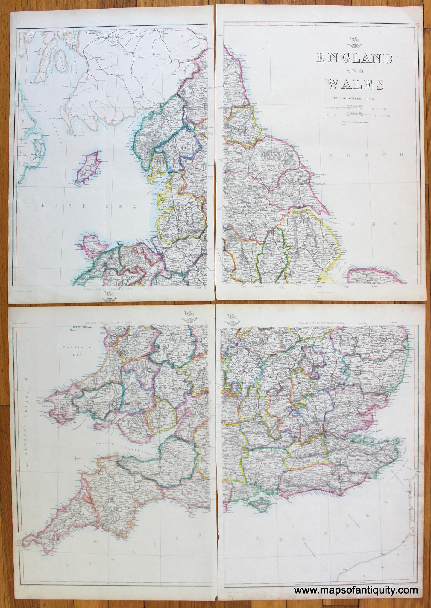 Antique-Hand-Colored-Map-1863-Weller/Weekly-Dispatch-Atlas-England-and-Wales-