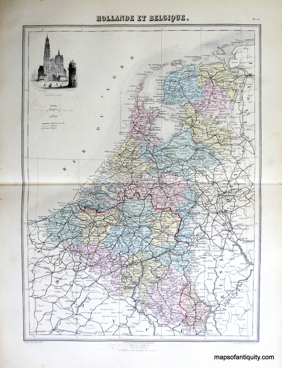 Antique-Hand-Colored-Map-Hollande-et-Belgique.-Europe-Netherlands-1884-Migeon-Maps-Of-Antiquity