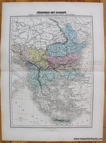 Antique-Hand-Colored-Map-Peninsule-des-Balkans.--Europe-Turkey-1883-Migeon-Maps-Of-Antiquity