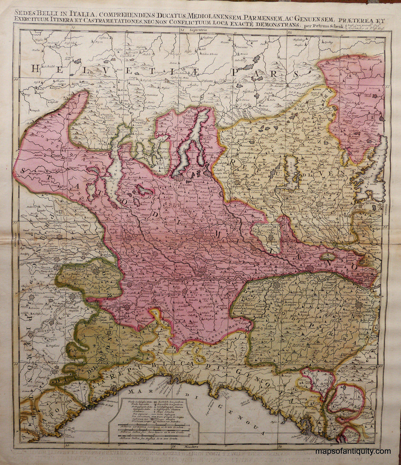 Antique-Hand-Colored-Map-Sedes-Belli-in-ItaliaÃ¢â‚¬Â¦.-Italy-********-Europe-Italy-1704-Schenk-Maps-Of-Antiquity