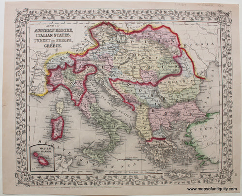 Antique-Hand-Colored-Map-1868-Mitchell-Map-of-the-Austrian-Empire-Italian-States-Turkey-in-Europe-and-Greece-with-inset-of-the-Malteses-Islands.-Europe-General