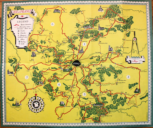 Printed-Color-Antique-Map-Ile-de-France-********-Europe-France-1947-French-Ministry-of-Travel-Maps-Of-Antiquity