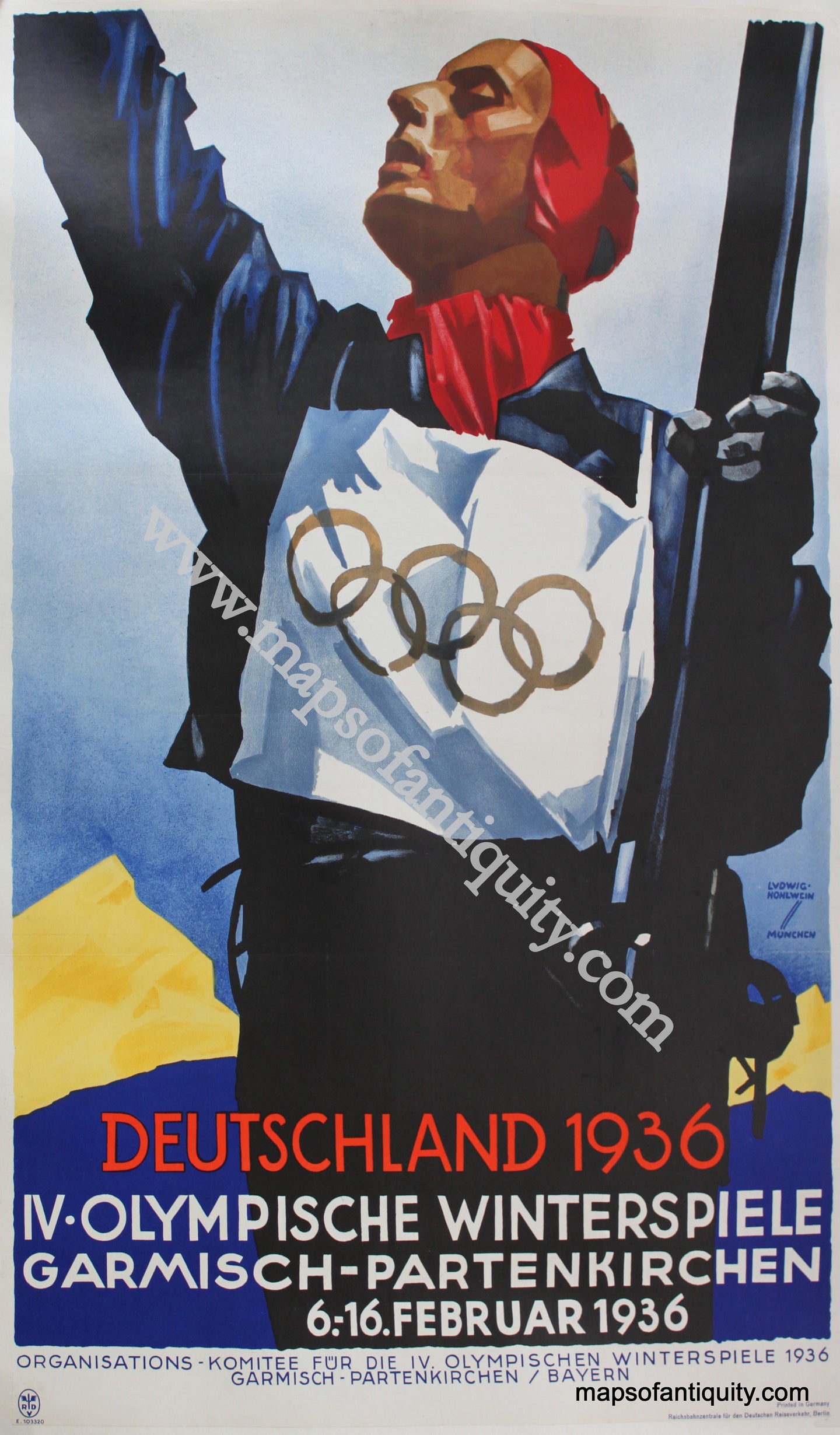 Antique-Poster-1936-Iconic-Skier-Olympics-Poster-Germany-**********-Posters--Printed-in-1934-German-Government-Maps-Of-Antiquity